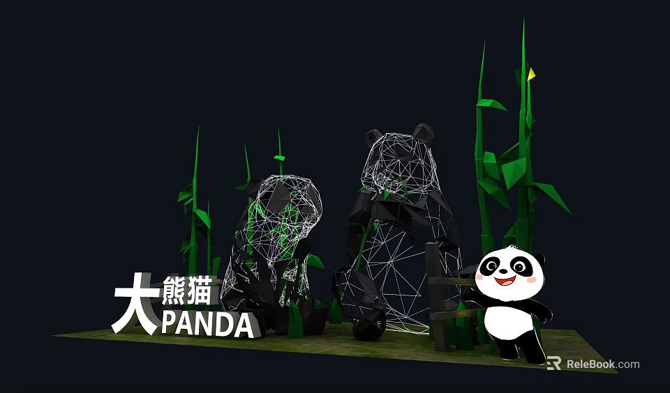 Panda Photo Spot With Wireframe Sculptures And Green Bamboo Leaves Decor 3d model 