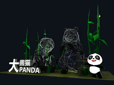 Panda Photo Spot With Wireframe Sculptures And Green Bamboo Leaves Decor 3d model