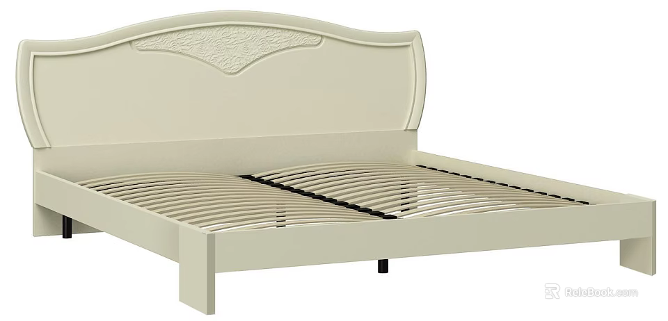 Ivory Carved Headboard Double Bed with Sleek Frame and Slatted Base 3d model 