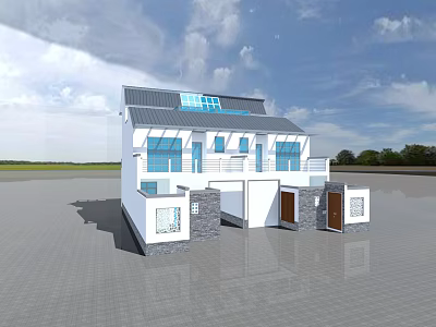 Modern Style Detached Villa With Blue Windows White Exterior And Gray Roof 3d model