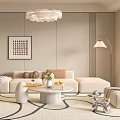 Elegant Modern Living Room Interior With Beige Sofa Round Coffee Table Area Rug And Chandelier