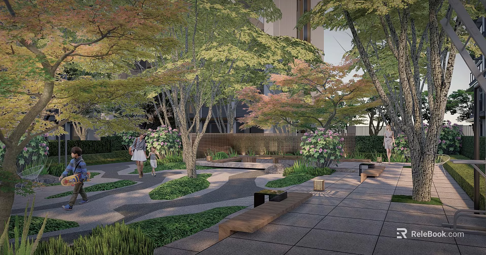 Residential Landscape With Trees Stone Pathways Wooden Benches And Lush Greenery 3d model 