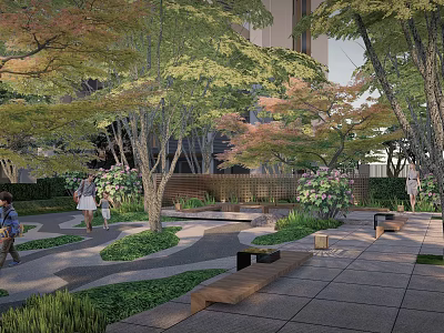 Residential Landscape With Trees Stone Pathways Wooden Benches And Lush Greenery 3d model