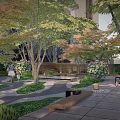Residential Landscape With Trees Stone Pathways Wooden Benches And Lush Greenery