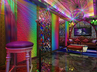 Vibrant KTV Interior With Colorful Lighting Geometric Wall Decor And Microphone Stand 3d model
