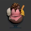 Three Scoops Ice Cream In Blue Bowl With Chocolate Sauce Nuts And Cookie Stick