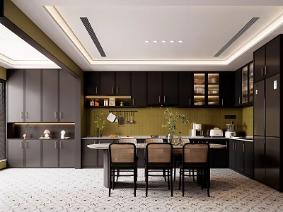 Modern Dining Room Interior With Round Table Chairs And Pendant Lighting Fixtures 3d model