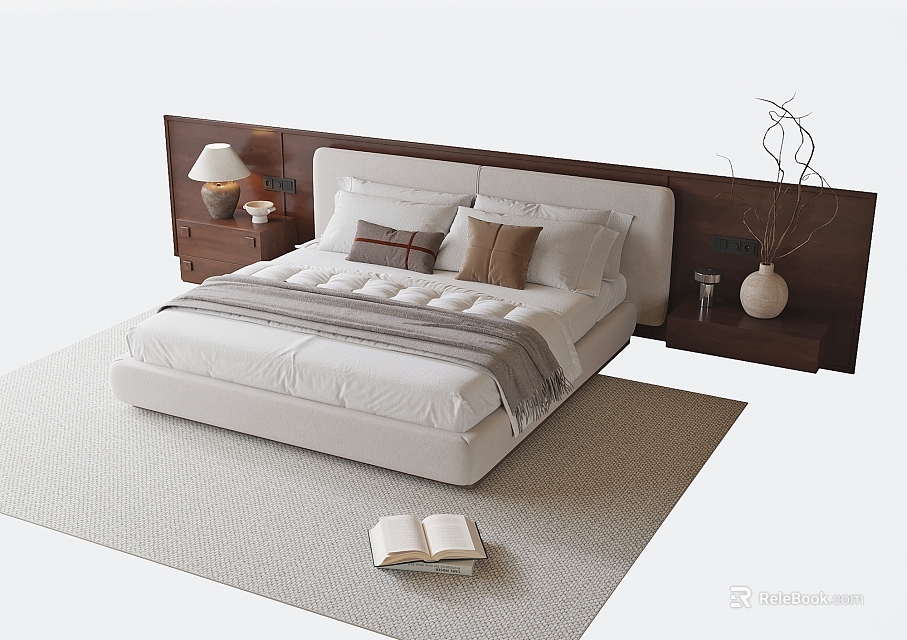 Modern Bedroom Wooden Nightstand Design With Lamp And Decorative Vase 3d model 