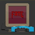Retro Computer With Red Screen Displaying FATE Blue CD Player And Black Game Controller