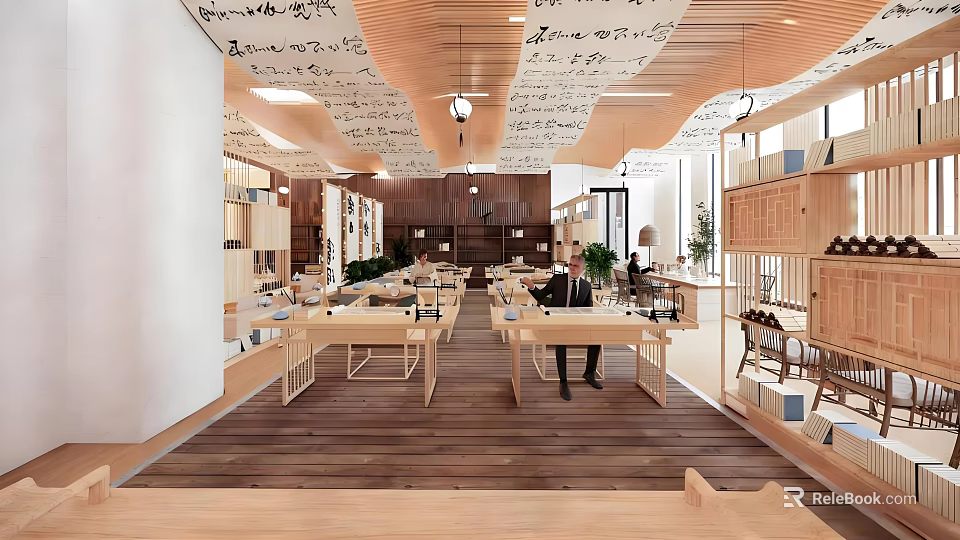 Modern Spacious Bookstore Interior With Wooden Tables Bookshelves Warm Lighting And Decorative Ceiling 3d model 