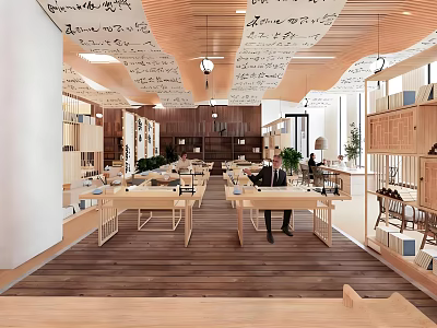 Modern Spacious Bookstore Interior With Wooden Tables Bookshelves Warm Lighting And Decorative Ceiling 3d model