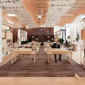 Modern Spacious Bookstore Interior With Wooden Tables Bookshelves Warm Lighting And Decorative Ceiling