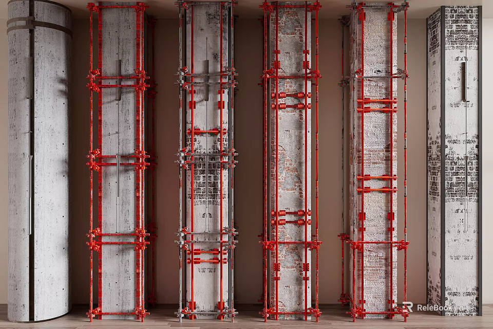 Concrete Columns With Red Metal Brackets In Vertical Industrial Interior Setup 3d model 