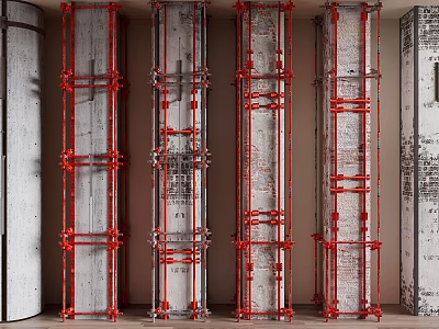 Concrete Columns With Red Metal Brackets In Vertical Industrial Interior Setup 3d model