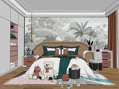 Kids Room Interior Design With Tropical Forest Mural Cozy Bed Stuffed Toys Rug And Wardrobe 3d model