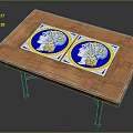 Wooden Dining Table Featuring Two Decorative Tiles Blue Background Figure Heads Yellow Borders Metal Legs