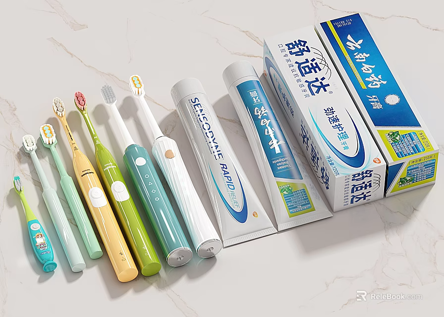 Daily Oral Care Products With Colorful Toothbrushes And Multiple Toothpaste Tubes 3d model 
