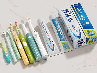 Daily Oral Care Products With Colorful Toothbrushes And Multiple Toothpaste Tubes 3d model