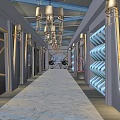 Elegant KTV Corridor Interior With Chandeliers Geometric Wall Decor And Marble Floor
