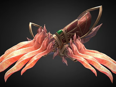 Fantasy Mythical Weapon With Red Gold Decoration Green Gemstone And Flame Like Wings 3d model