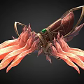 Fantasy Mythical Weapon With Red Gold Decoration Green Gemstone And Flame Like Wings