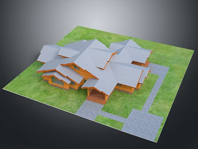 Modern Rustic Wooden Building With Multiple Gray Sloped Roofs And Green Lawn Pathway 3d model