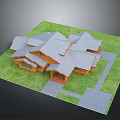 Modern Rustic Wooden Building With Multiple Gray Sloped Roofs And Green Lawn Pathway