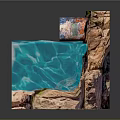Rock Cube Structure With Blue Water Pool And Metal Pipe Plus Green Vegetation
