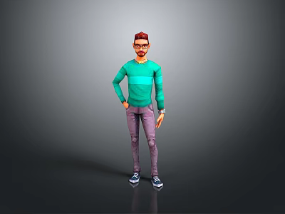 3D Male Character Model In Green Sweater And Purple Pants Standing Against Gray Background 3d model