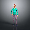 3D Male Character Model In Green Sweater And Purple Pants Standing Against Gray Background
