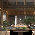 Traditional Chinese Tea House Interior With Courtyard Rocks And Lanterns