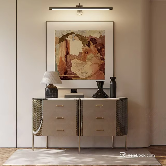 Modern Entryway Console Table With Wooden Drawers Metal Legs And Hanging Painting 3d model 