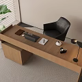 Wooden Desk and Black Chair Set with Notebook Coffee Cup Lamp and Green Plant