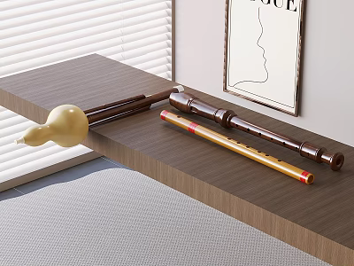 Wooden Table With Gourd Bamboo Flutes Musical Instruments And Art Supplies Near Window Blinds 3d model