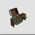 Open Wooden Chest With Bottles Plants Jars And Books Inside