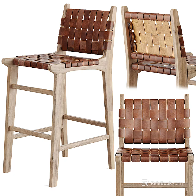 Handcrafted Wooden Frame Bar Stool With Woven Leather Seat And Backrest 3d model 