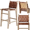 Handcrafted Wooden Frame Bar Stool With Woven Leather Seat And Backrest
