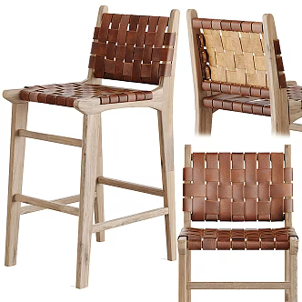 Nordic Bar Chair Solid Wood Woven Single Chair 3d model