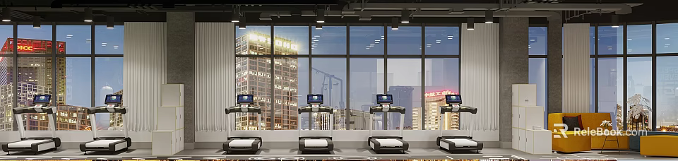 Modern Gym Fitness Space With Treadmills And City Skyline View For Daily Workouts 3d model 