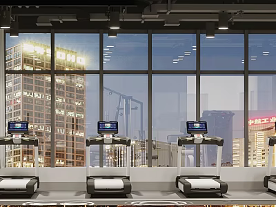 Modern Gym Fitness Space With Treadmills And City Skyline View For Daily Workouts 3d model