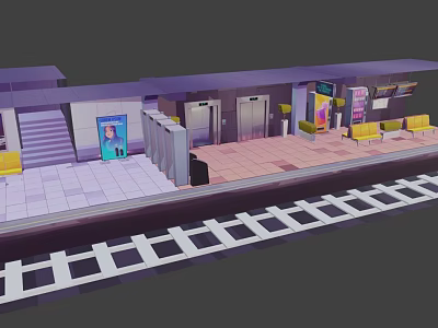 Train Station Platform Scene With Stairs Elevators Yellow Benches Billboards And Tracks 3d model