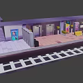 Train Station Platform Scene With Stairs Elevators Yellow Benches Billboards And Tracks 3d model