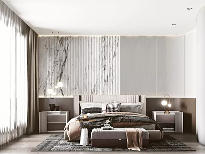 Modern Bedroom Interior Design With Comfortable Bed Nightstands Table Lamps Curtains And Area Rug 3d model