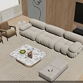 Modern Beige Fabric Sofa and Marble Coffee Table Set with Brown Armchairs and Wooden Wall
