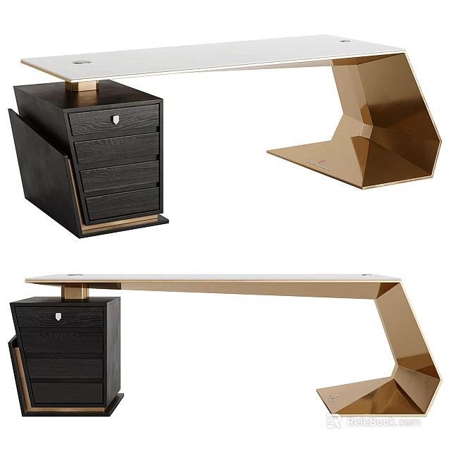 Modern Office Desk With Gold Geometric Frame White Tabletop And Black Drawer Cabinet 3d model 
