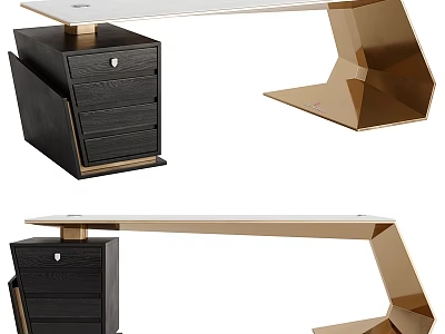 Modern Office Desk With Gold Geometric Frame White Tabletop And Black Drawer Cabinet 3d model