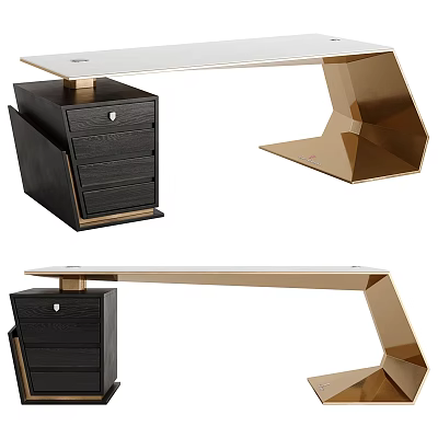 Modern Office Desk With Gold Geometric Frame White Tabletop And Black Drawer Cabinet 3d model