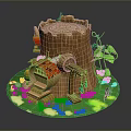 Modern Tree Stump House With Lush Green Grass Red Roof Vines And Wooden Stairs