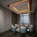 Private Dining Room With Round Table Blue Chairs And Large Window Modern Decor 3d model