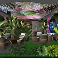 Tropical KTV Interior With Green Plants Rattan Furniture And Colorful Lighting